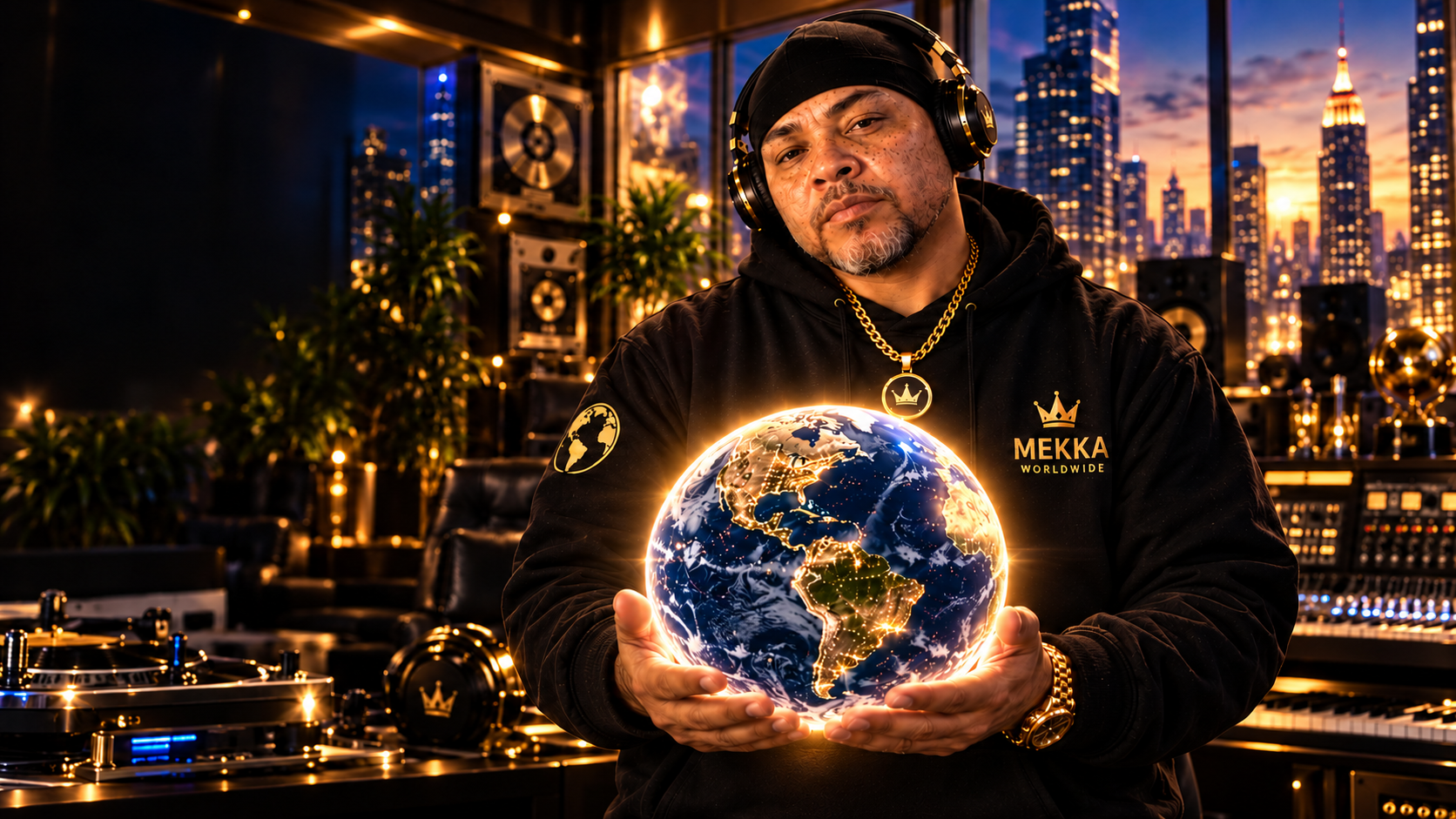 Mekka in a golden recording studio holding a luminous globe in both hands