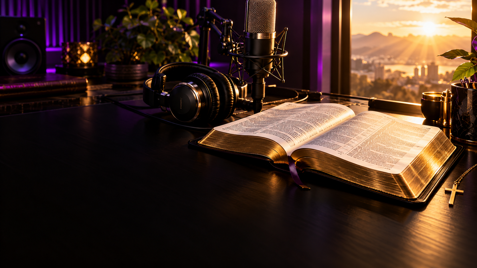 Open Bible, microphone, and headphones in violet and gold light