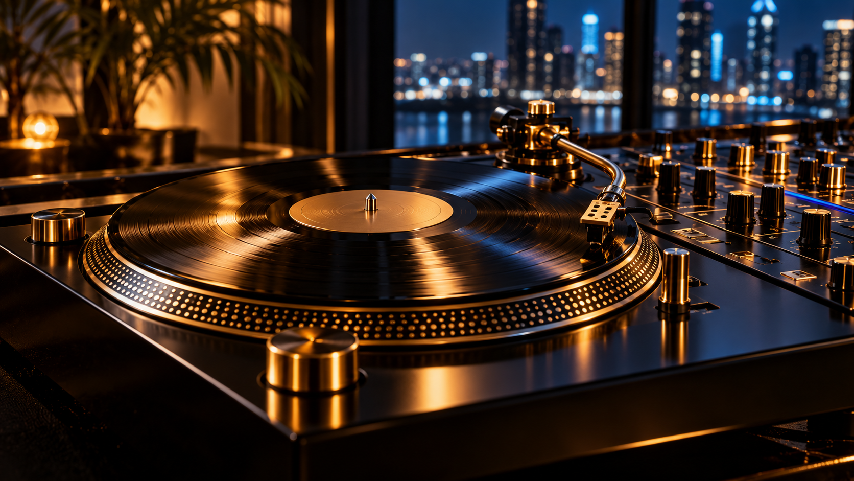 Gold-lit turntables and vinyl in a DJ studio